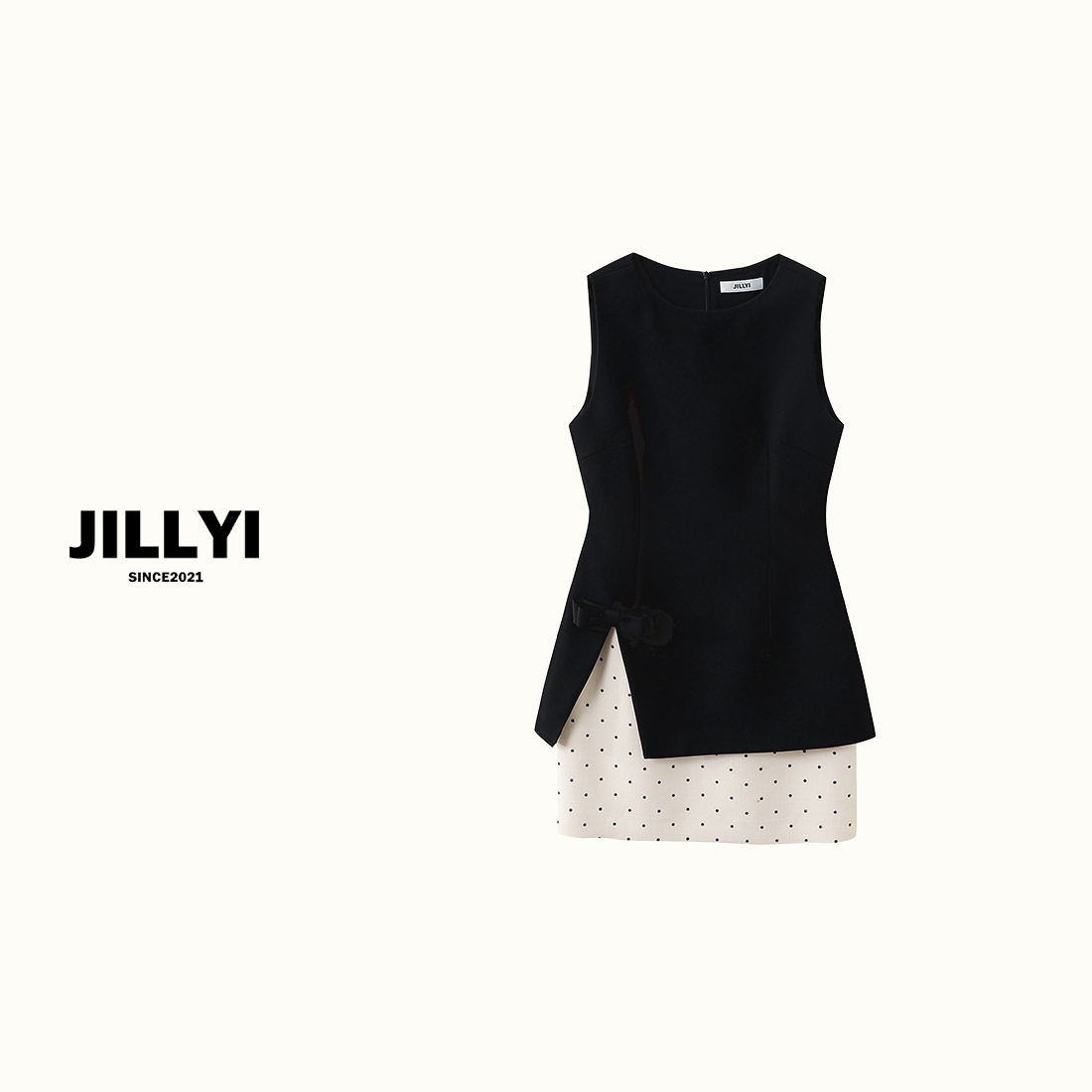 jillyi【波点甜心】拼接波点元素气质时尚连衣裙网红百搭黑色无袖