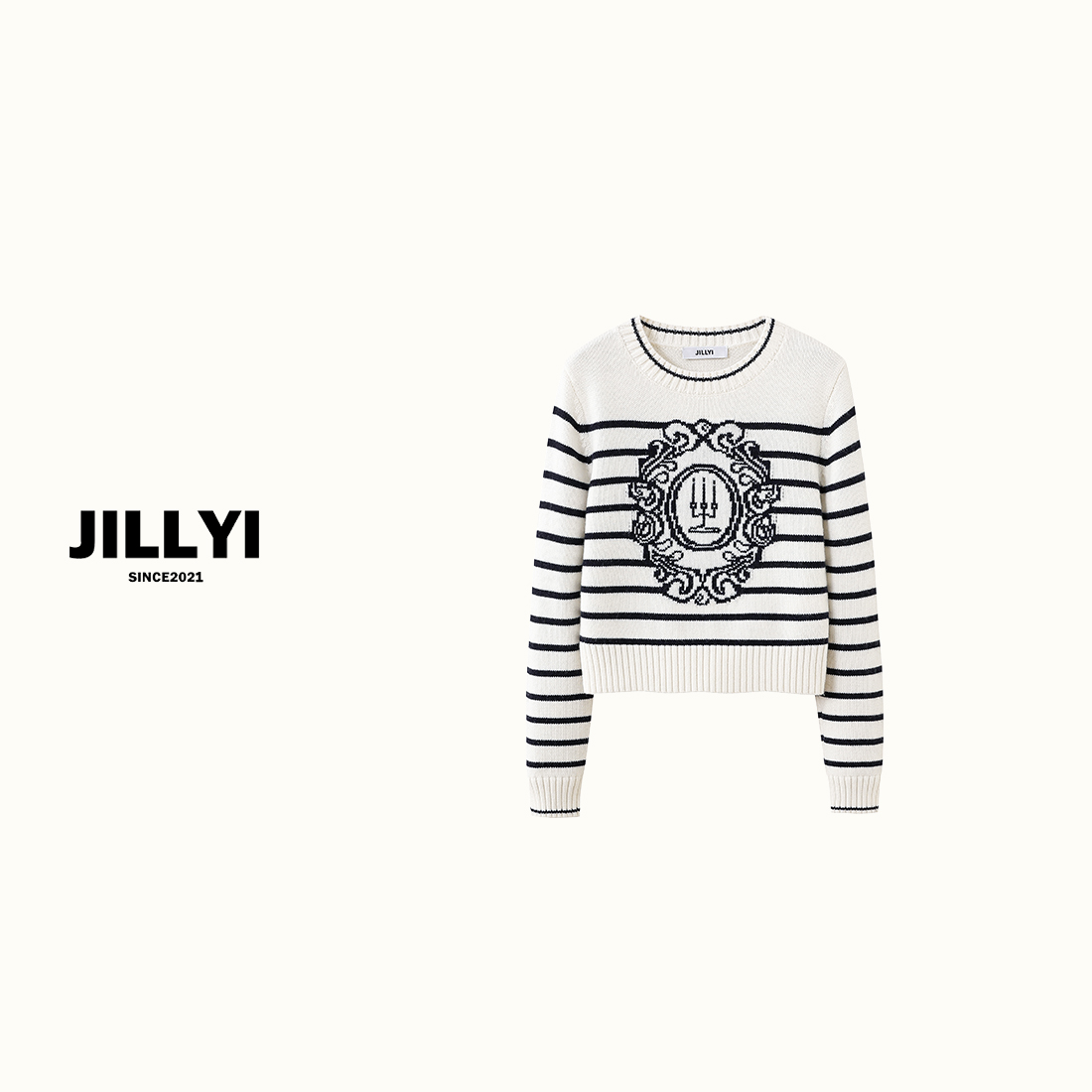 JILLYI南山店【曼城旧事】黑白条纹拼接圆领水晶灯图案秋季