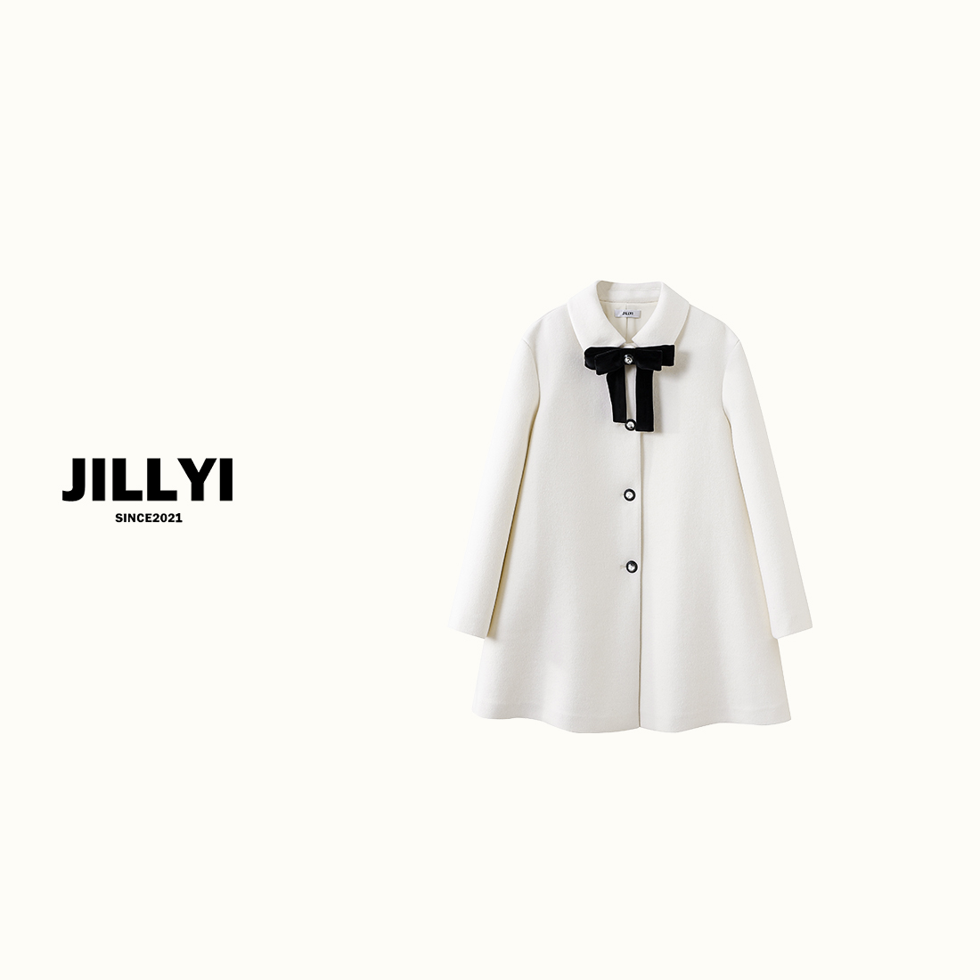 JILLYI珠海店【白茶月光】白色蝴蝶结毛呢外套中长款小香风气质时尚