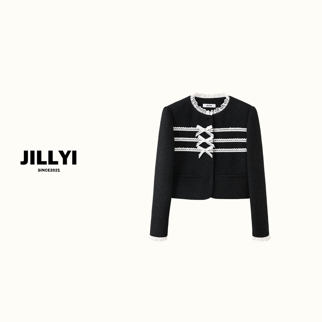 jillyi【千金玛德琳】黑白撞色蕾丝边蝴蝶结外套小香风气质轻奢时尚