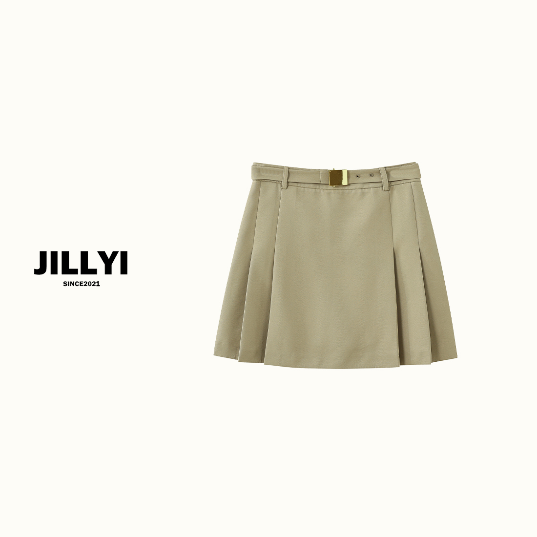 jillyi【卡其芝士】浅卡其色金属扣百褶显瘦半身裙气质时尚女士夏季