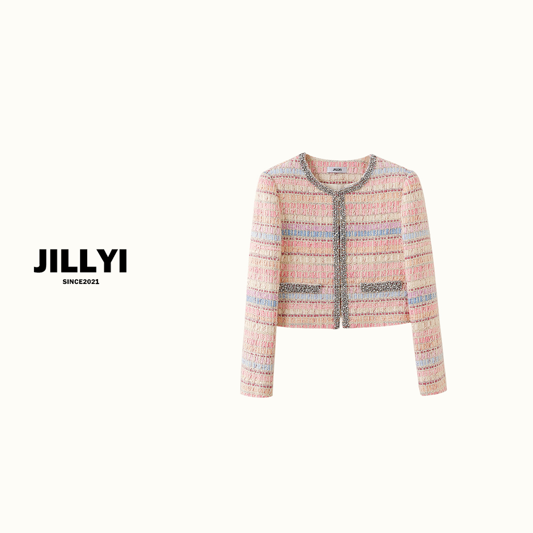 JILLYI南山店【小彩虹】彩色多巴胺粗花呢外套手缝钻石圆领小香风