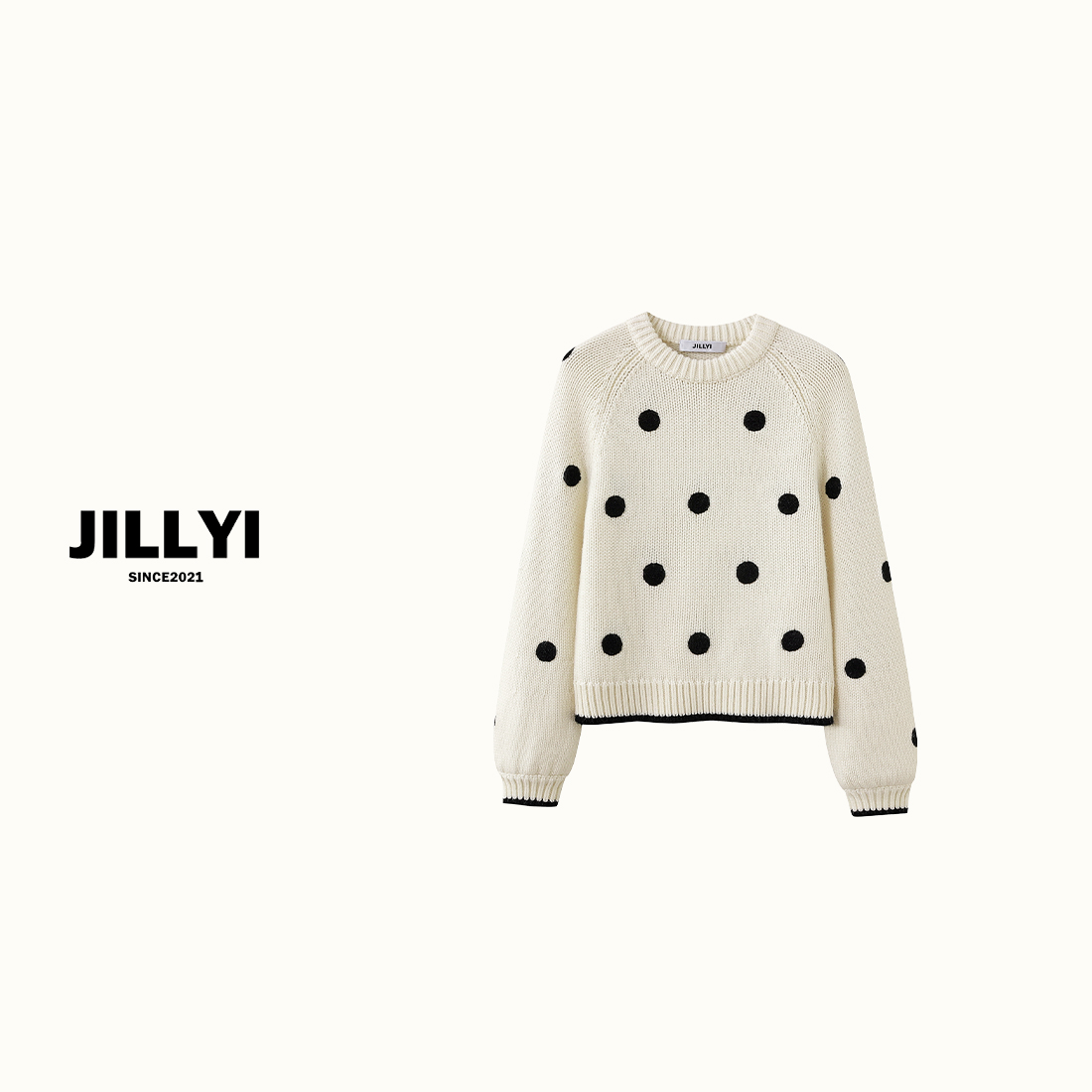 JILLYI南山店【波点微甜】白色圆领时尚百搭波点休闲长袖针织