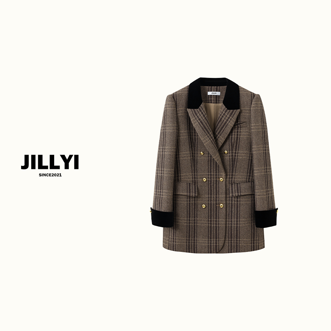 jillyi【冬至西装】卡其色格子小香风轻奢时尚大衣秋冬休闲女士