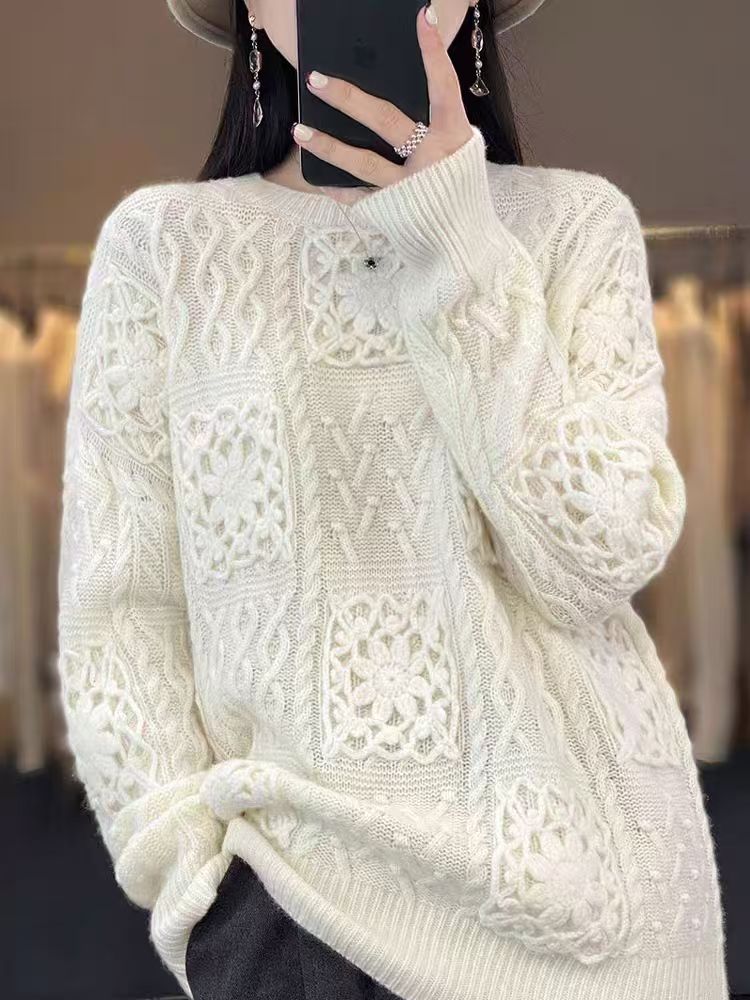 重工钩花羊绒羊毛女秋冬欧货高端慵懒绞花镂空立体花朵毛衣