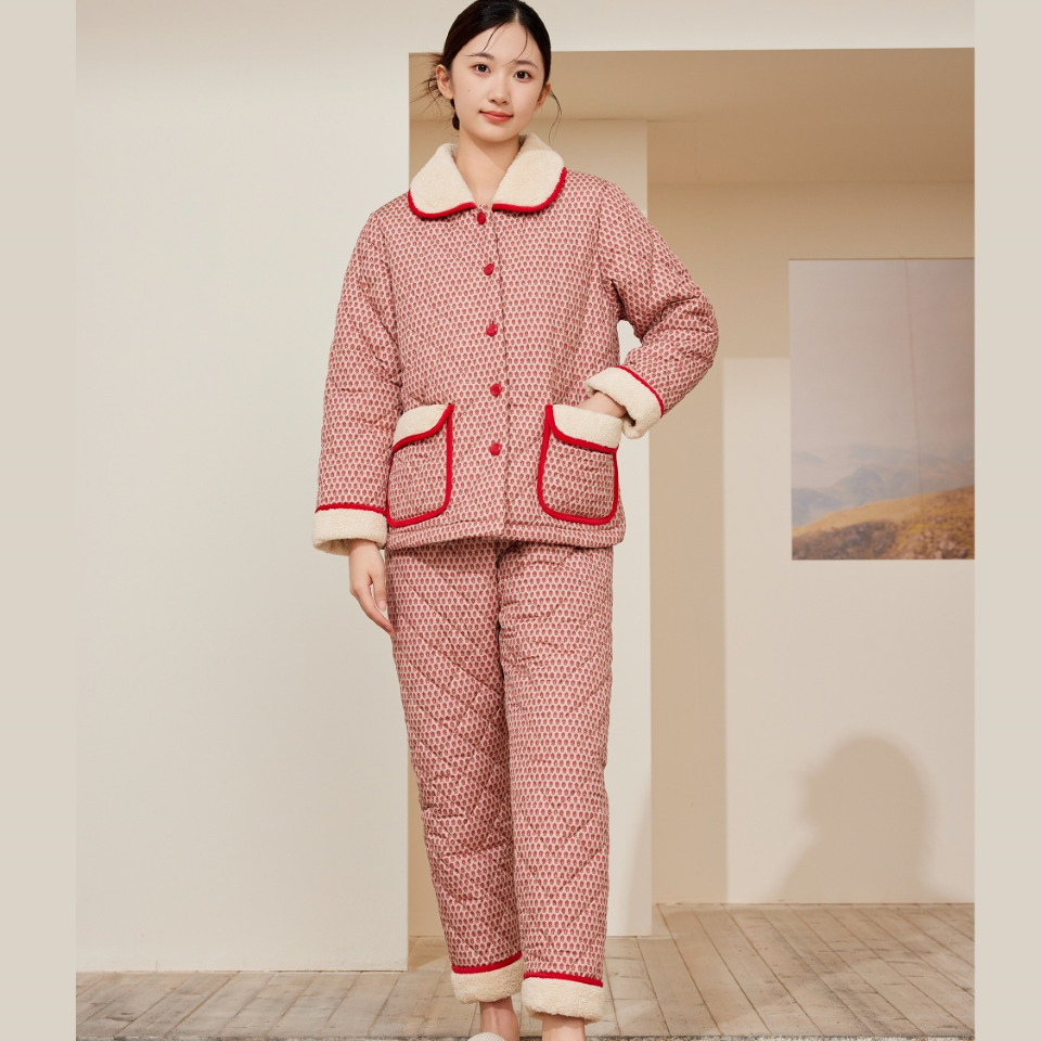 flossy弗劳思冬季三层加厚女士加绒轻羽绵保暖家居服套装CD217