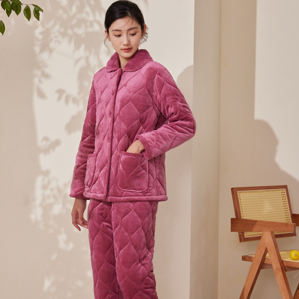 flossy弗劳思女士冬季加绒三层加厚保暖家居服套装B32D232