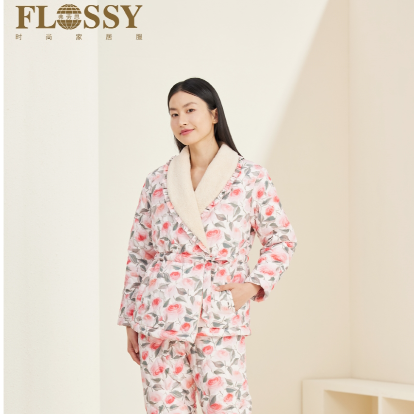 flossy弗劳思女士冬季三层加厚印花保暖家居服套装BD289