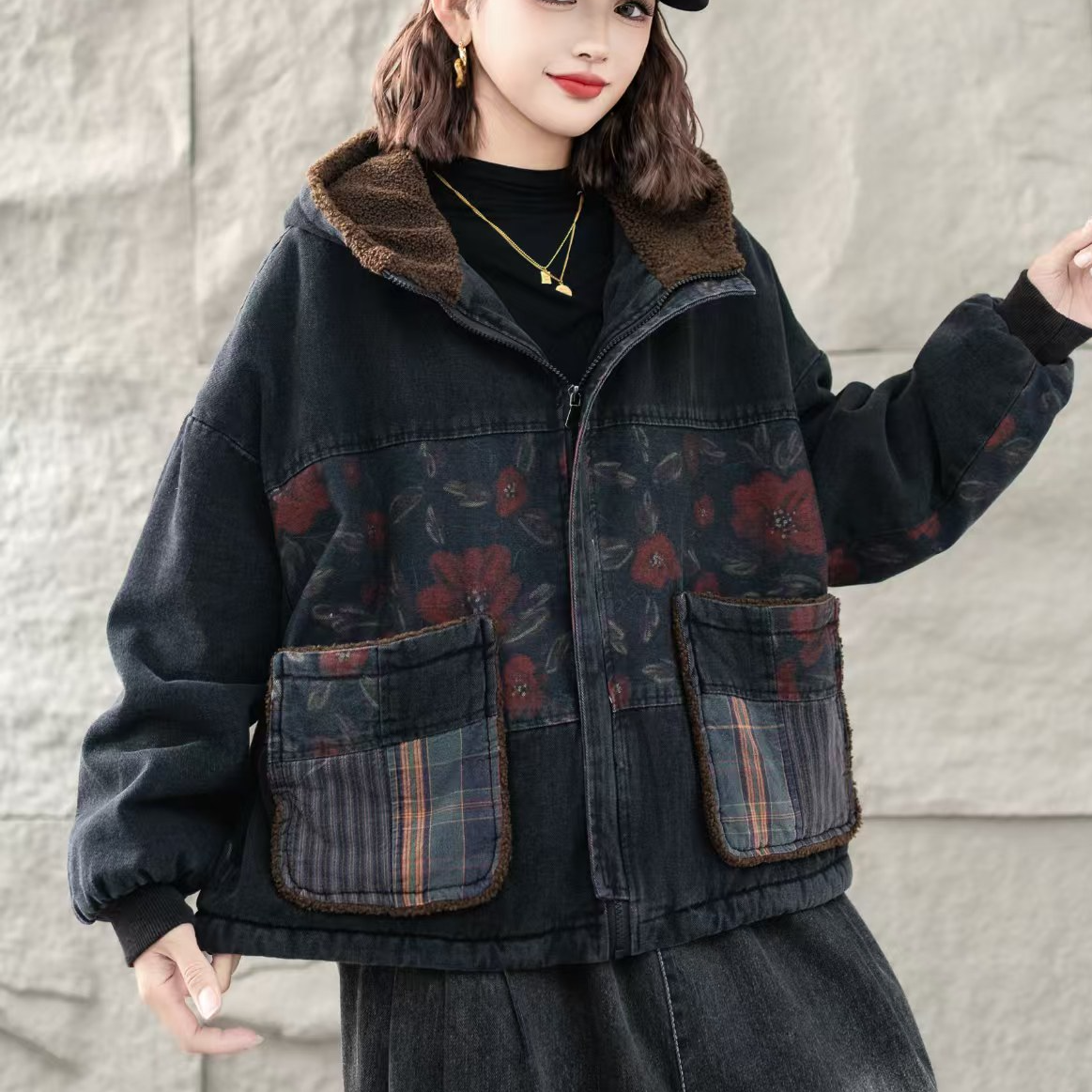 7766新款秋冬加厚休闲百搭复古显瘦连帽上衣棉服