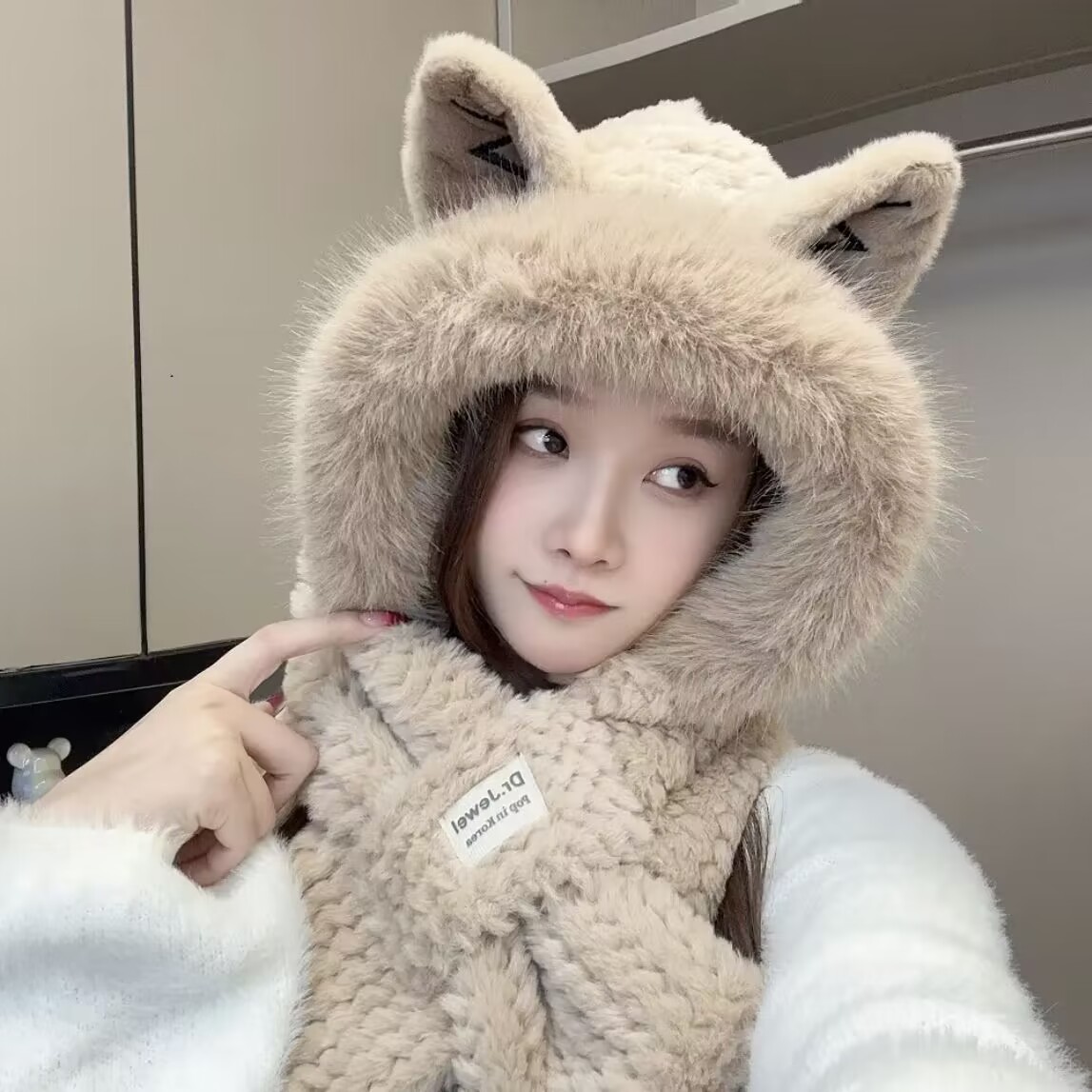 【狐狸款二件套】加绒加厚防风保暖帽围巾冬季防寒百搭帽子围巾