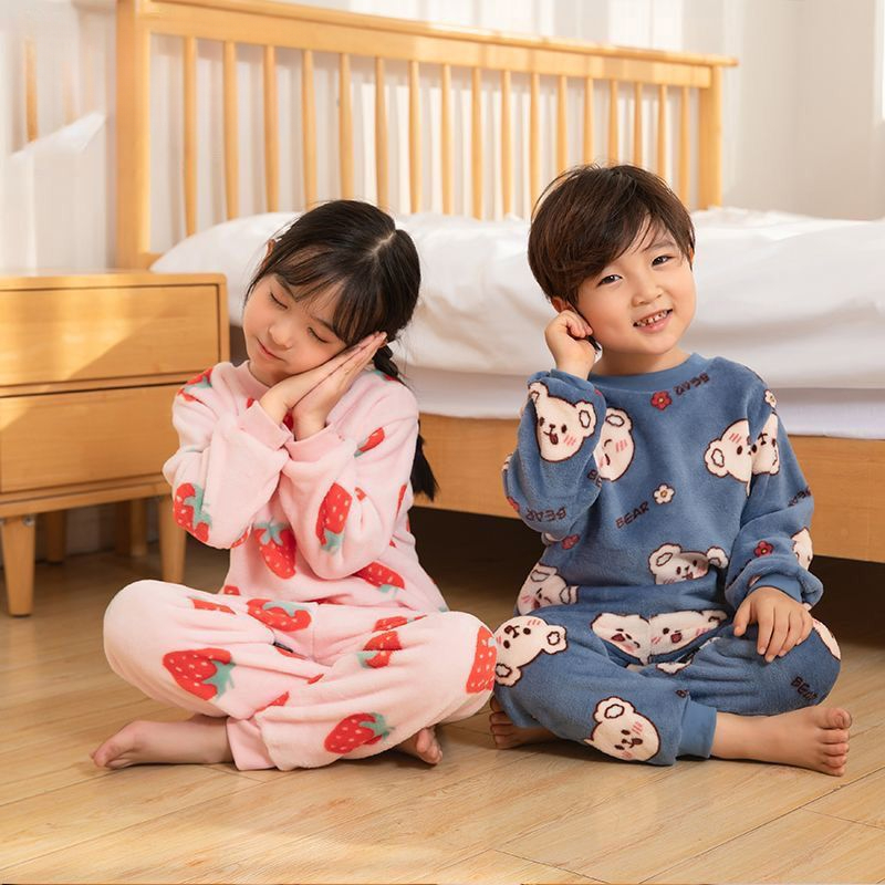 儿童法兰绒睡衣秋冬宝宝加绒家居服男童女童加厚卡通保暖内衣套装