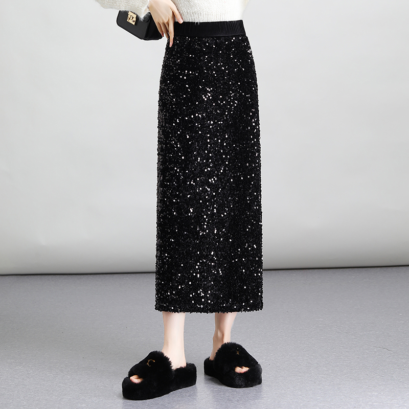 亮片闪闪包臀裙女秋季松紧腰显瘦半身裙中长款气质开叉直筒一步裙