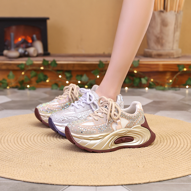 秋季透气水钻老爹鞋女银色真皮松糕厚底时尚镂空运动休闲女鞋9532