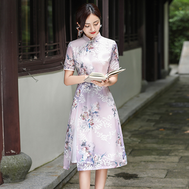 民族风妈妈装短袖中长款改良复古旗袍连衣裙中老年女装双层女裙子