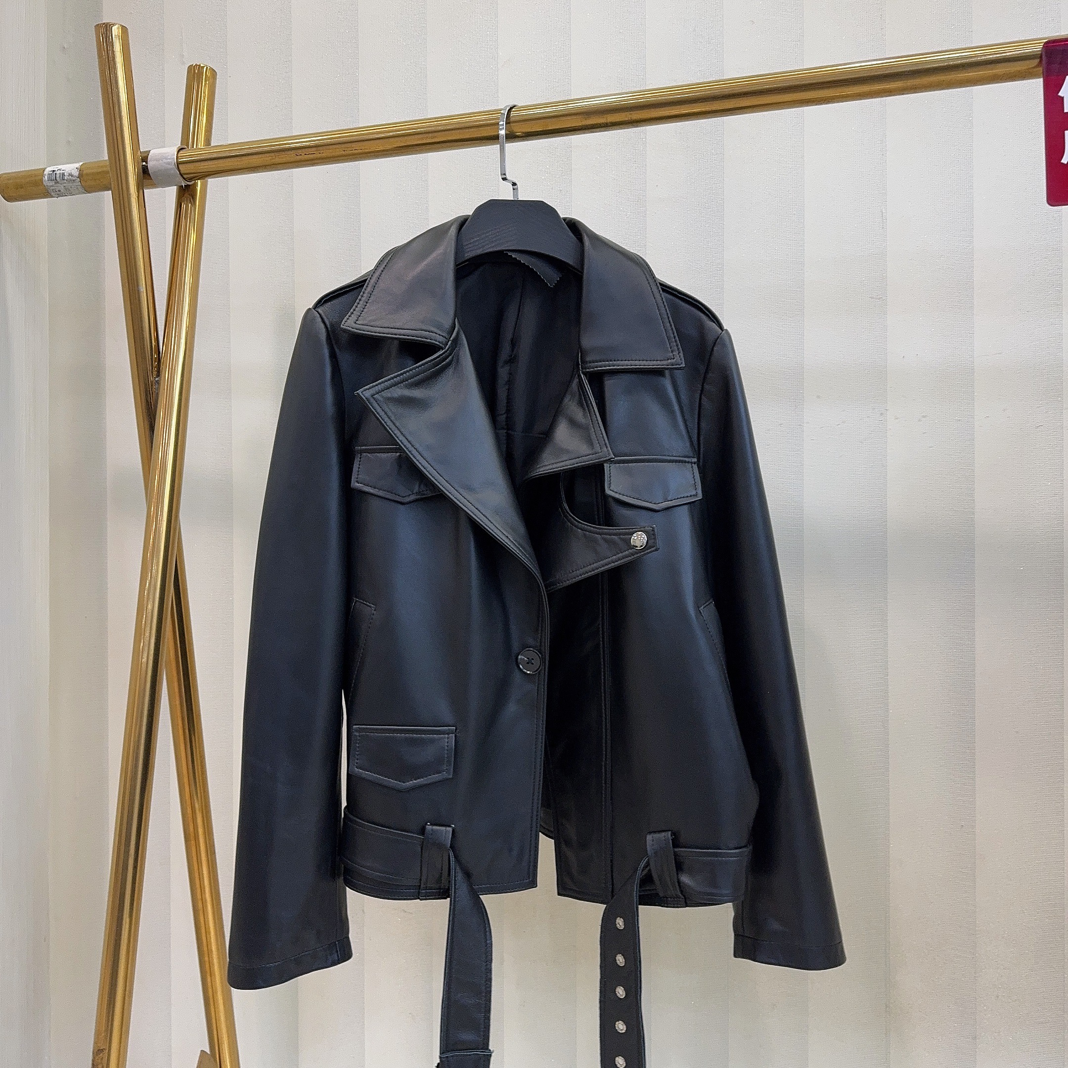 绵羊皮休闲宽松中长款机车服皮衣