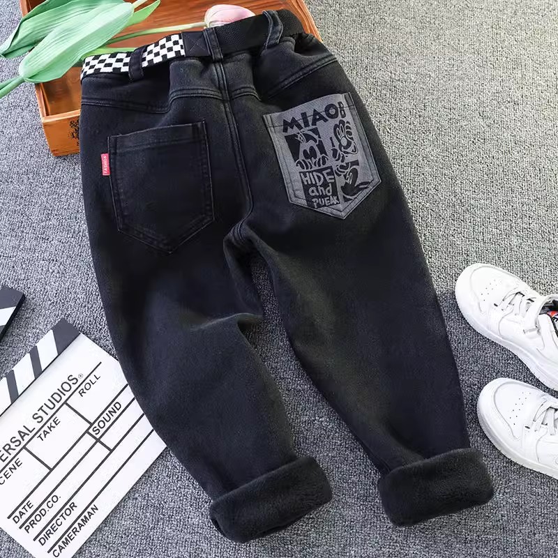 男童牛仔裤秋冬加绒2024新款儿童加厚一体绒长裤洋气中大童宽松裤