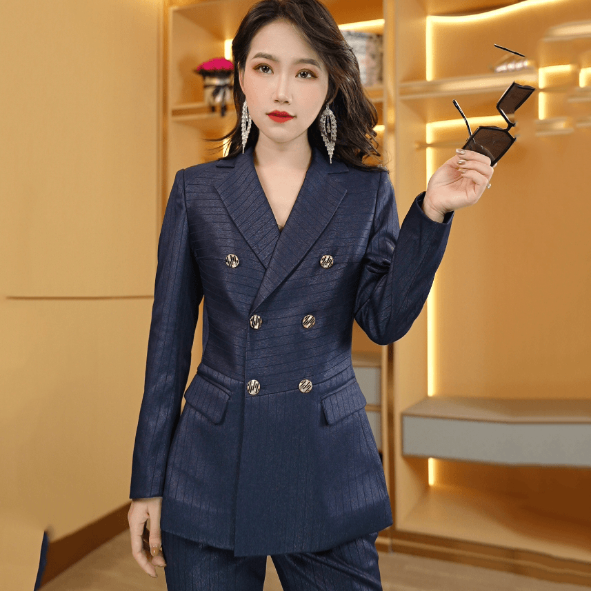 2024秋季条纹气质女神范西服两件套时尚气质美容师长袖西装套装