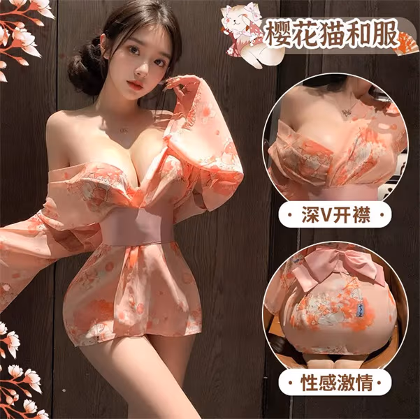 【新款】性感樱花猫日系和服御姐迷人睡衣纯欲雪纺轻奢家居服