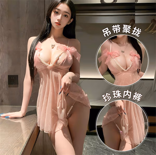 【蜜桃】性感蕾丝网纱串珠轻奢睡裙夜店主播同款时尚家居服A119