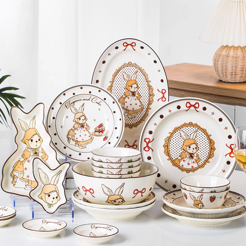 高颜值可爱碗盘餐具家庭用碗盘勺筷法式高颜值温馨简约手绘童话感