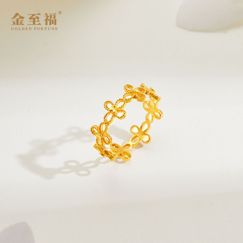 复古满圈四叶草戒指黄金足金简约时尚百搭精致爆款