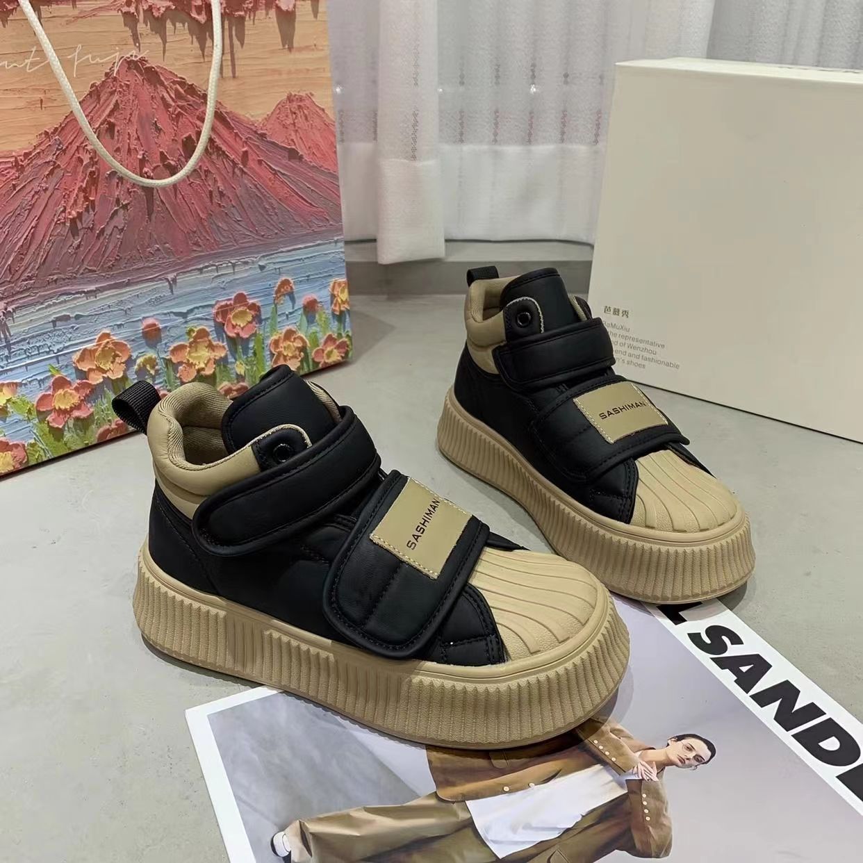 面包鞋女秋冬款高帮贝壳头厚底时尚魔术贴韩版百搭休闲饼干鞋板鞋