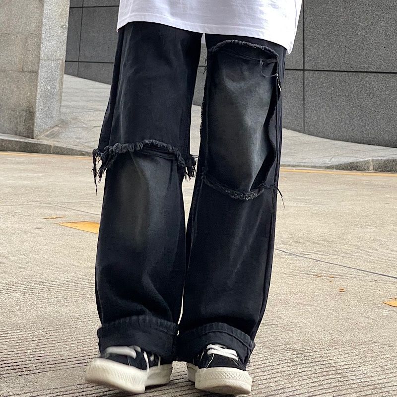 2023冬季爆款高街复古黑色破洞牛仔裤男女美式设计感毛边直筒裤