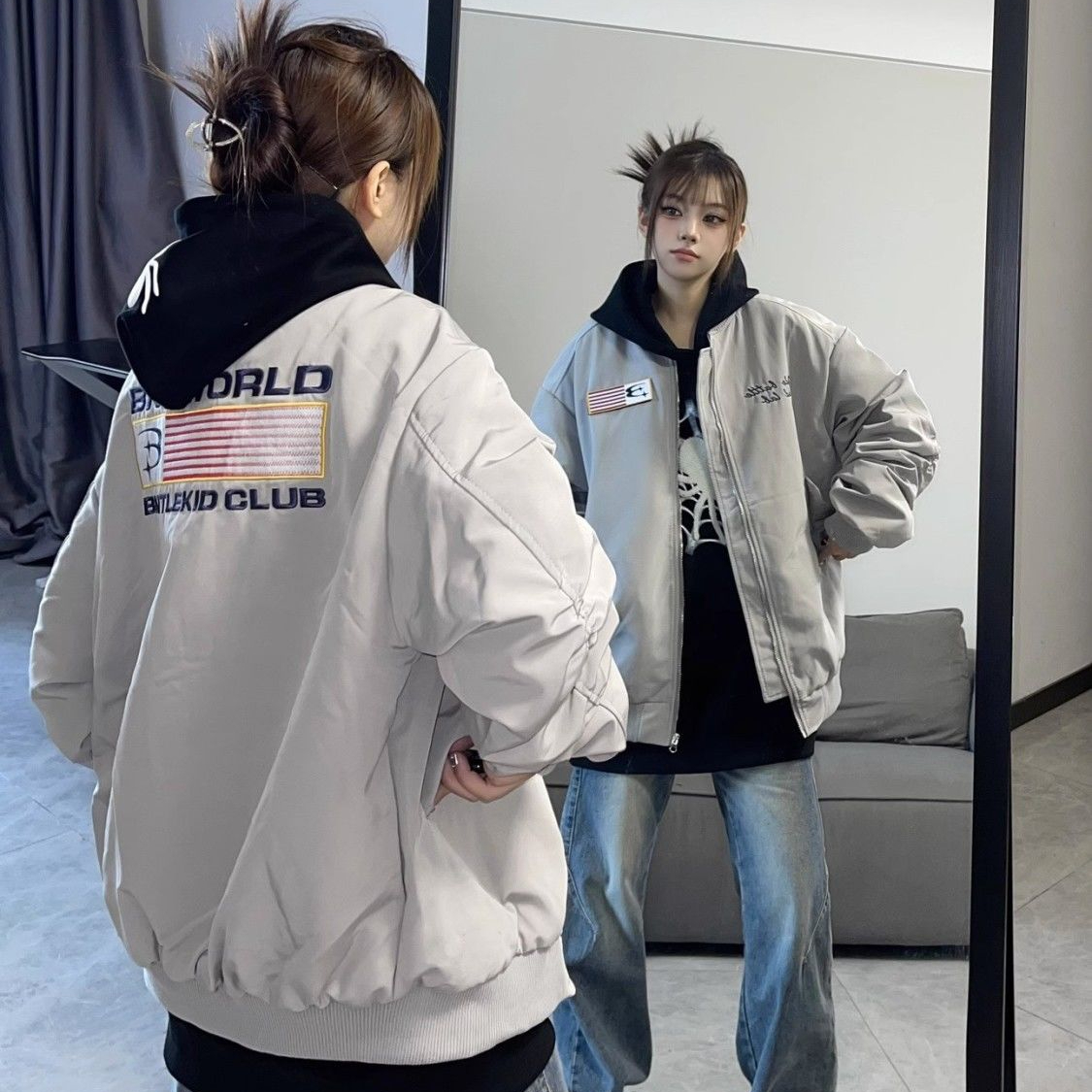 美式国潮旗帜飞行秋冬款夹克男女宽松棒球服棉衣外套