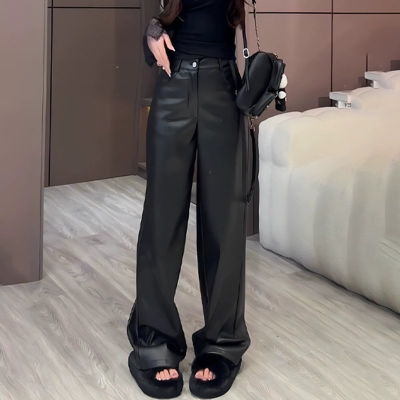 垂感黑色PU皮裤女春秋2025新款网红高腰显瘦阔腿裤宽松休闲拖地裤