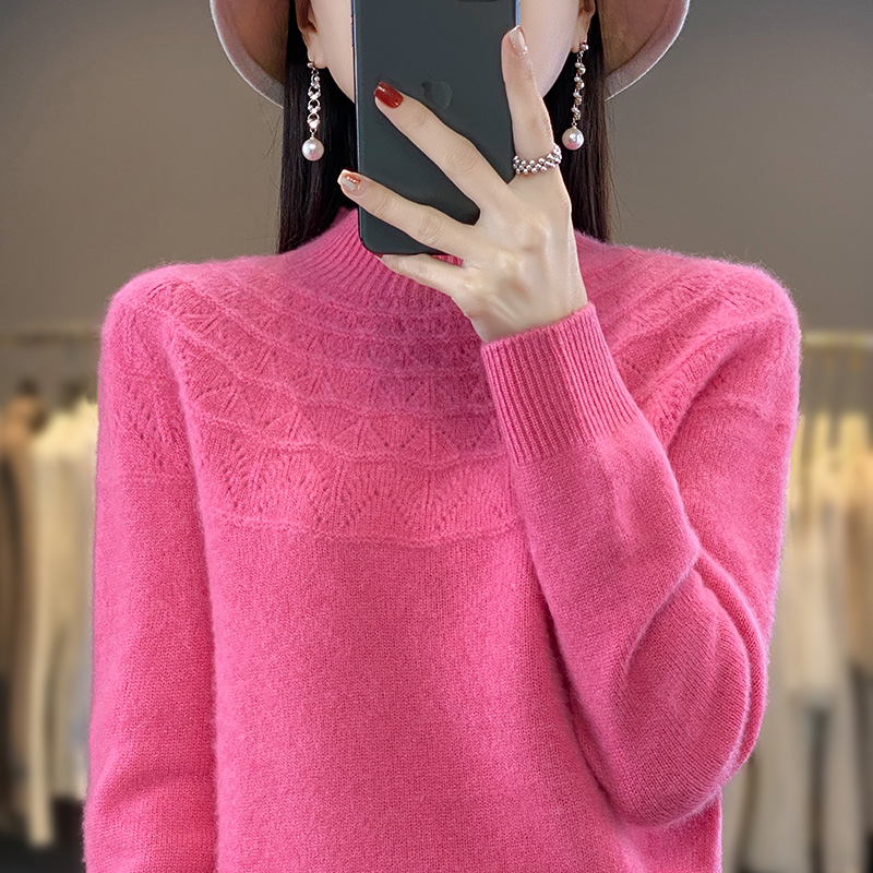 秋冬新款半高领羊毛衫女士提花针织衫保暖套头大码毛衣