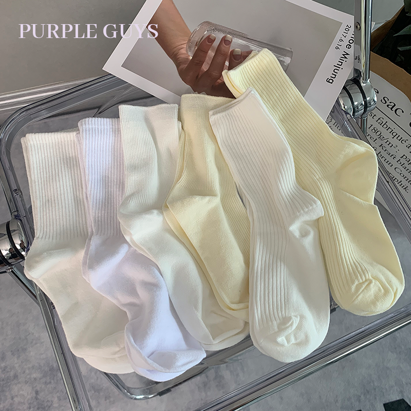 PURPLE GUYS纯色螺纹黑白袜子女夏季薄款学生简约百搭纯棉中筒袜