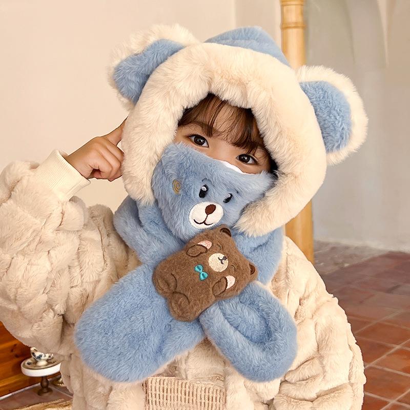 可爱儿童帽子围脖一体女冬加厚男女童宝宝上学防寒保暖围巾雷锋帽