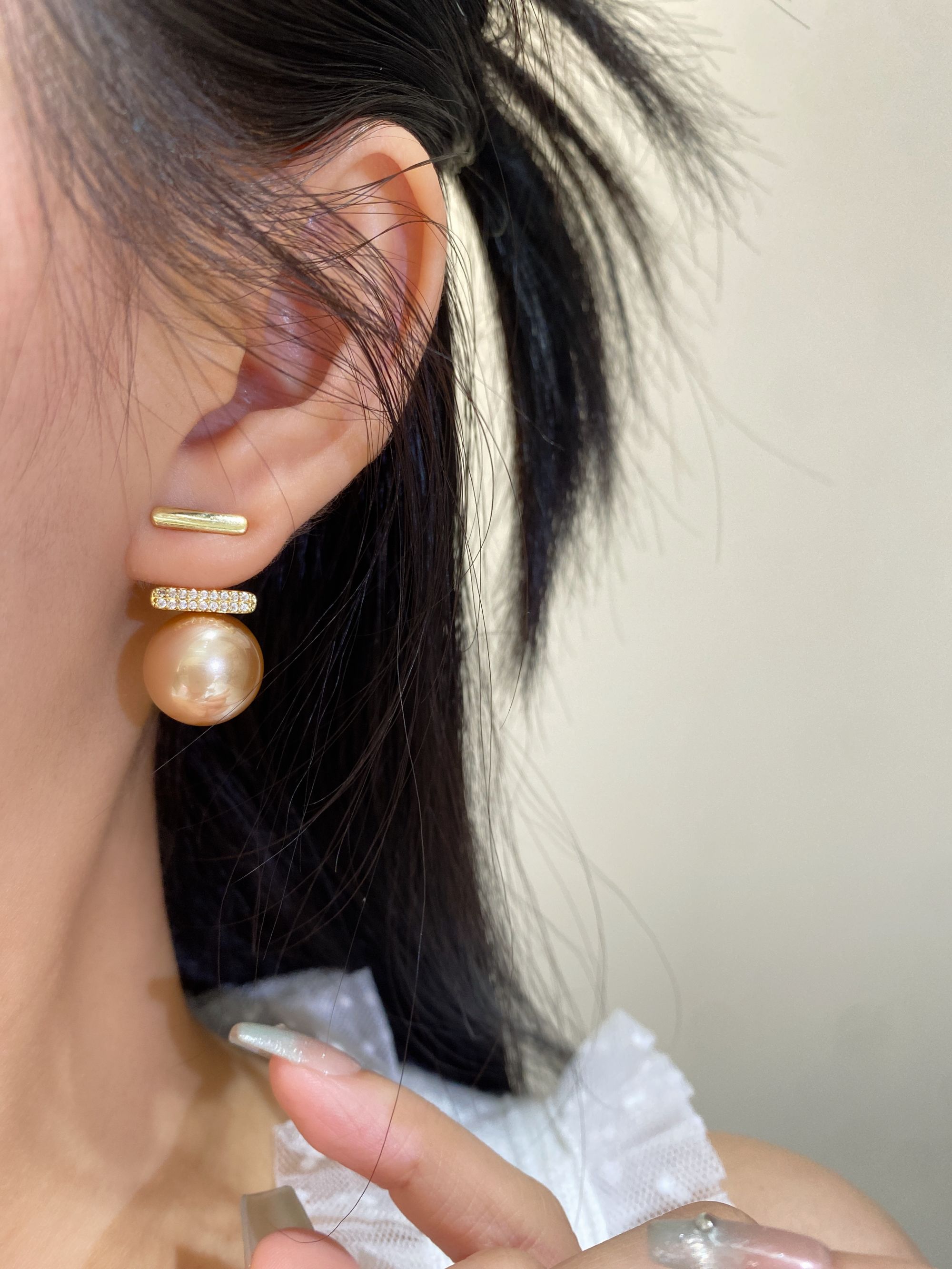 铜合金合成锆石耳饰 【双层平衡木】925银针双戴款耳饰时尚小众轻奢