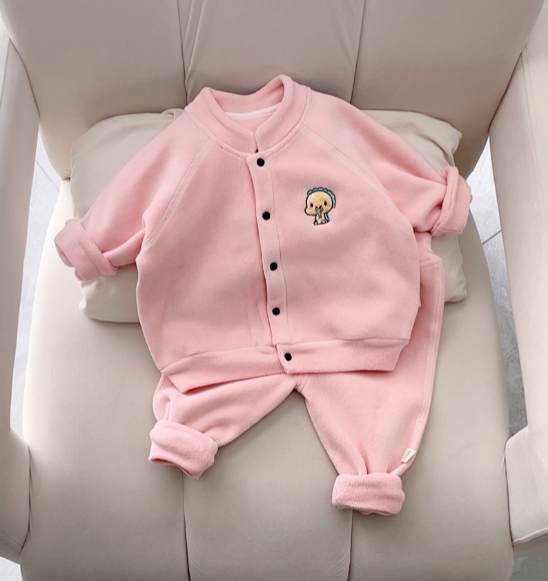 秋冬新款宝宝加绒两件套柏利绒棒棒糖恐龙套装儿童保暖