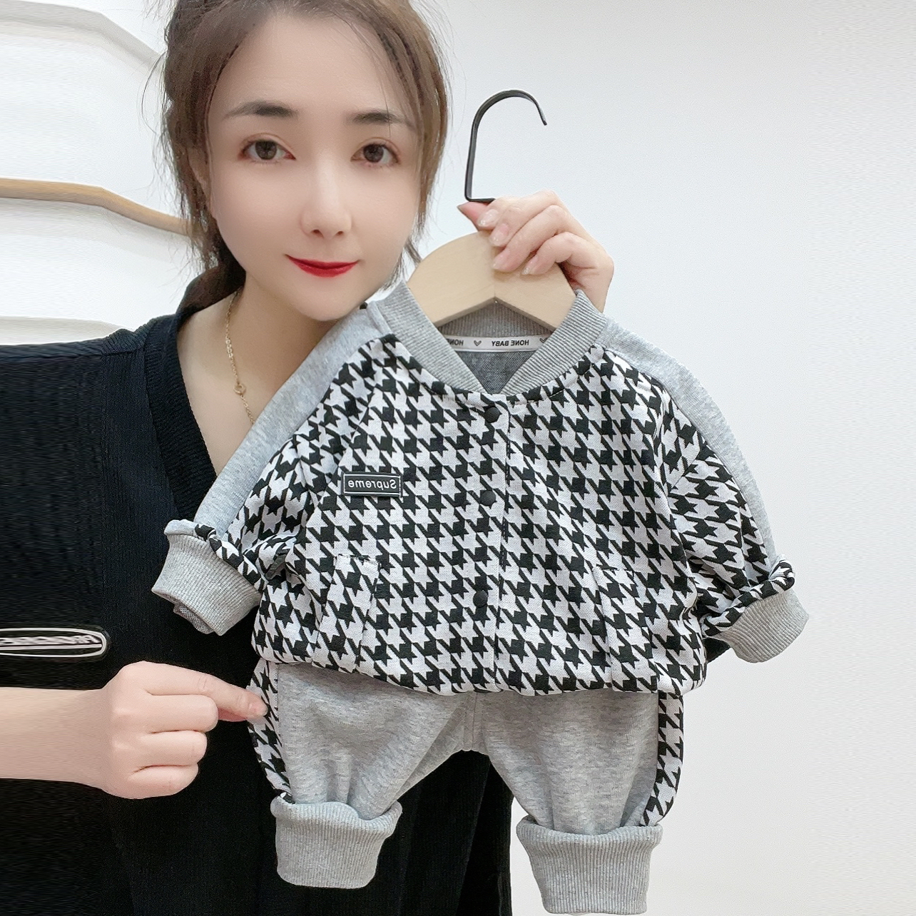 【断码清仓】春秋简约千鸟格棒球服套装儿童长袖外套裤子开衫套装