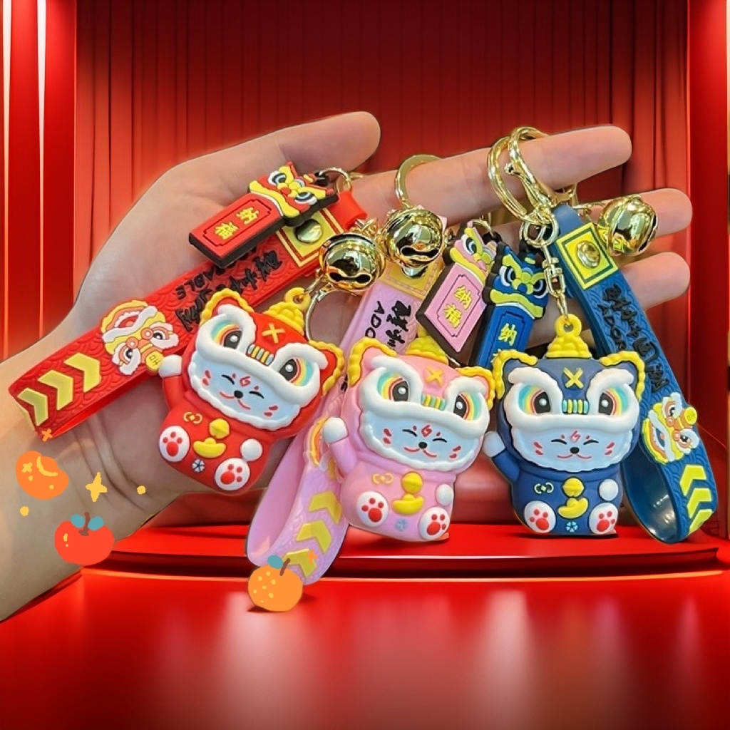 新年中国风卡通醒狮猫公仔钥匙扣小礼品可爱硅胶书包挂件新年礼物