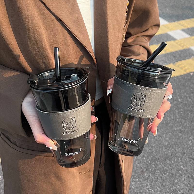 北极光玻璃杯带盖ins风吸管水杯早餐杯咖啡杯创意批发便携带大容