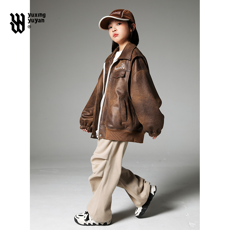 雨星雨嫣女童皮衣外套2025新款原创复古潮酷炸街夹克衫女孩上衣