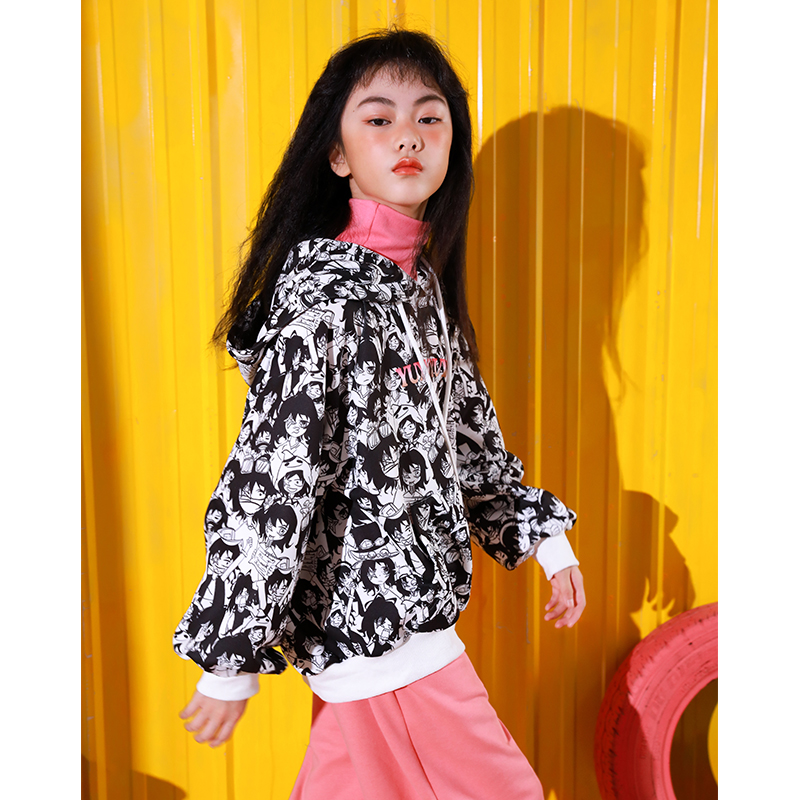 雨星雨嫣童装女童潮酷印花休闲卫衣2025新款中大童儿童百搭连帽衫