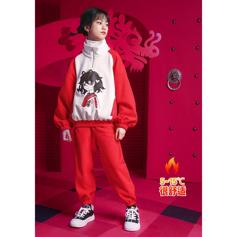雨星雨嫣女童冬装拜年服套装2025新款龙年加绒加厚喜庆红色两件套