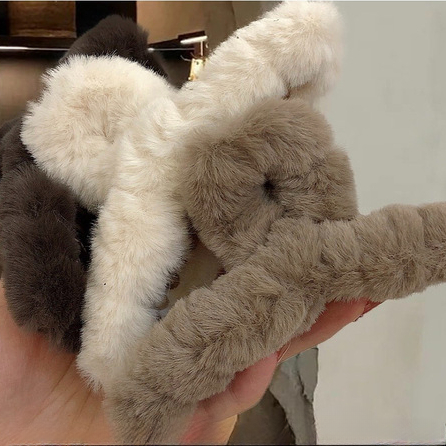 仿兔毛绒后脑勺发夹秋冬奶咖色系发饰交叉盘发抓夹大号发抓女元元