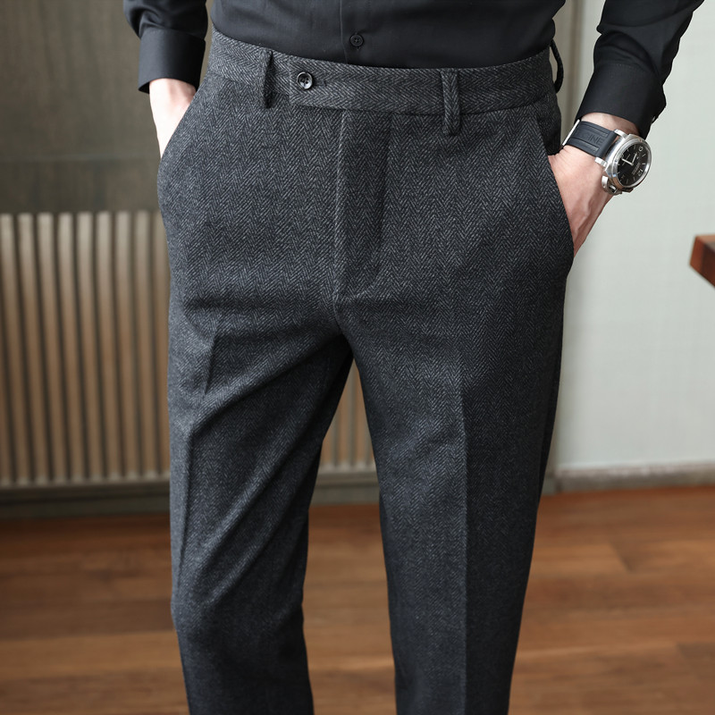 冬季毛呢料西裤男秋冬抓绒人字纹呢子男士休闲裤磨毛商务西装裤子
