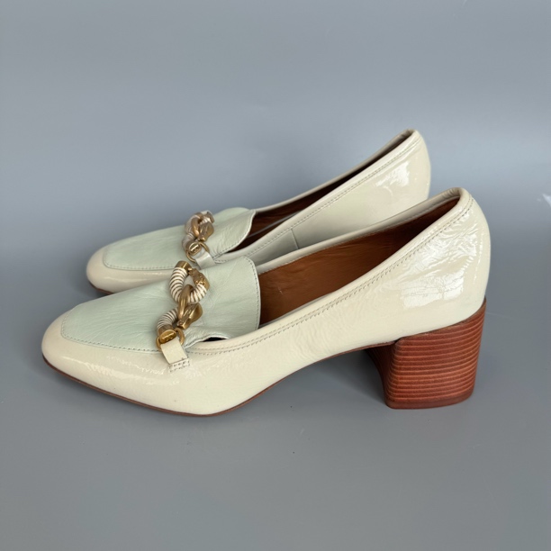 99新 TORY BURCH/汤丽柏琦 324马衔扣 浅绿拼白 粗跟 单鞋