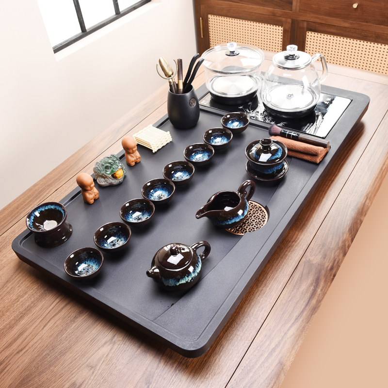 初然茶具套装家用乌金瓷石办公室会客全自动烧水壶一体石茶盘茶台