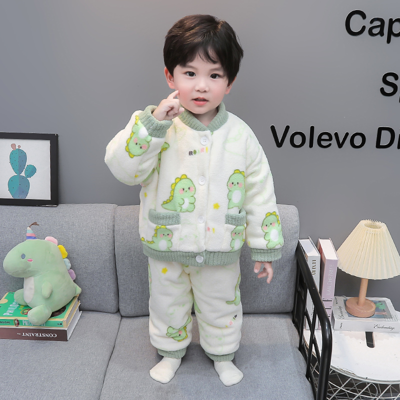 儿童珊瑚绒睡衣男童秋冬加绒加厚款男孩宝宝法兰绒家居服恐龙套装