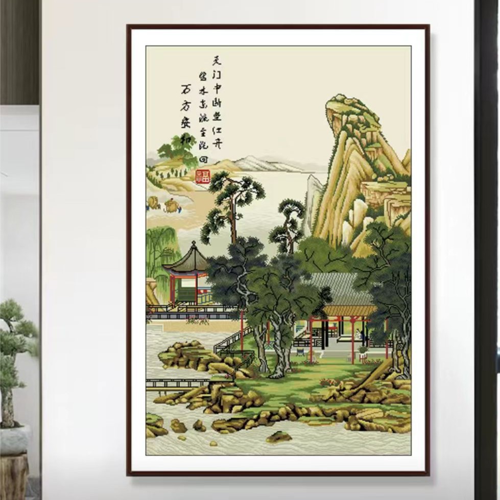 K100万方安和十字绣风景满绣大画壁挂挂画玄关竖版圆明园碧桐书院
