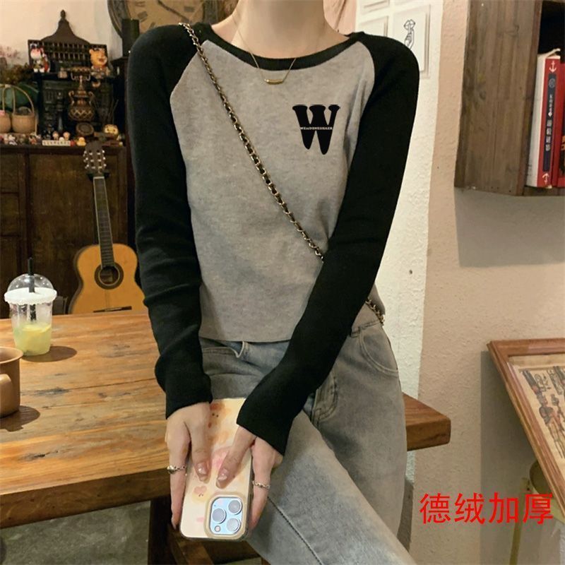 新款2023德绒磨毛双面长袖T恤简约显瘦秋冬加厚保暖女上衣打底衫