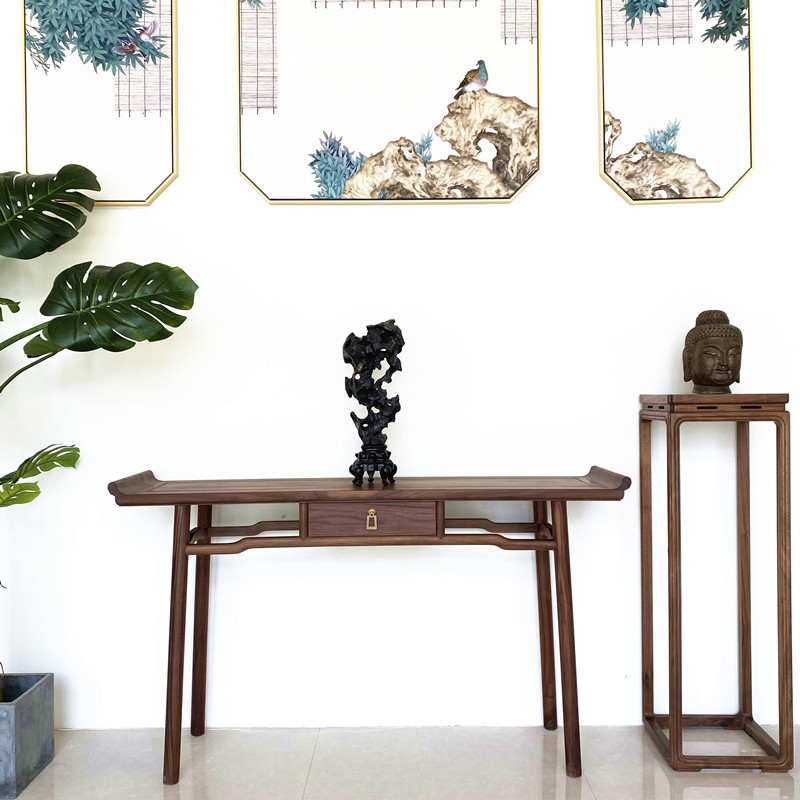 黑胡桃木案几玄关柜新中式端景台供桌简约榆木实木玄关桌禅意条案