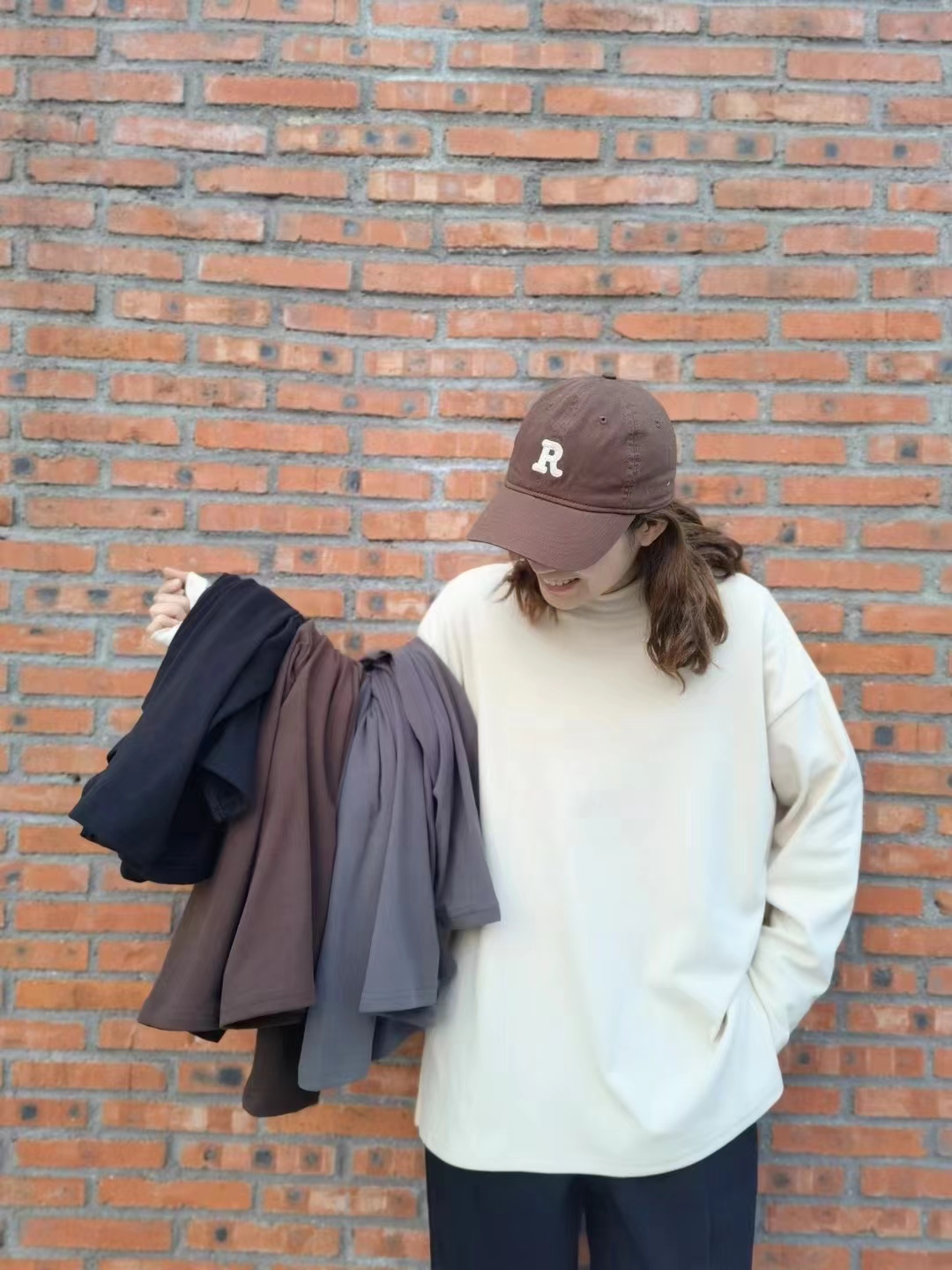 自制加绒高领t恤长袖宽松大码百搭德绒自发热打底衫简约慵懒