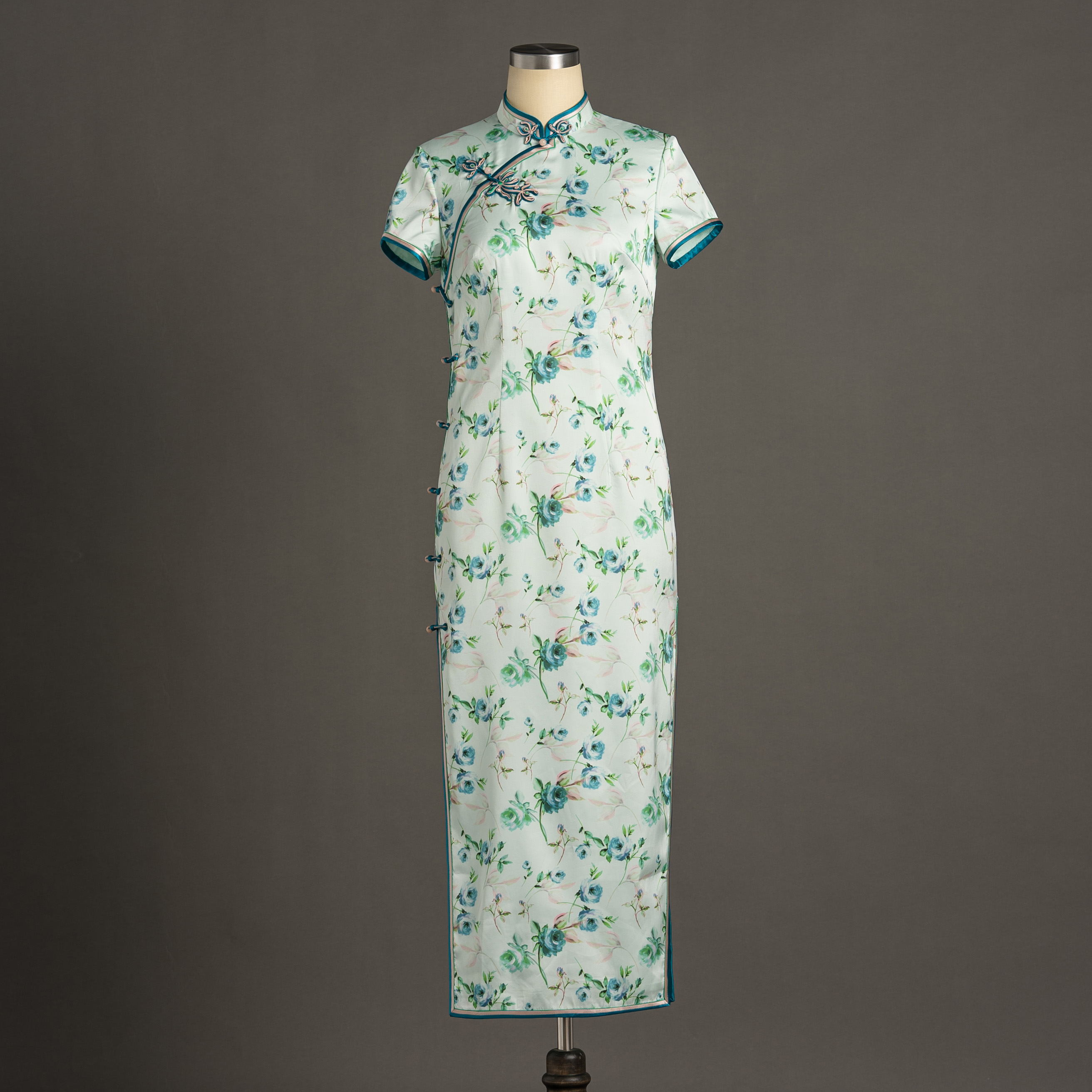 手工旗袍53743 金吴针旗袍裙气质优雅修身显瘦手工滚边花扣中长款